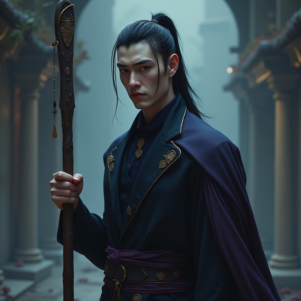 Gender male,black eye balls,Height1.75 cm,black Hair in a ponytail,Skin white,Age 35,Weight 152lb, he caries a staff with him (his subclass...