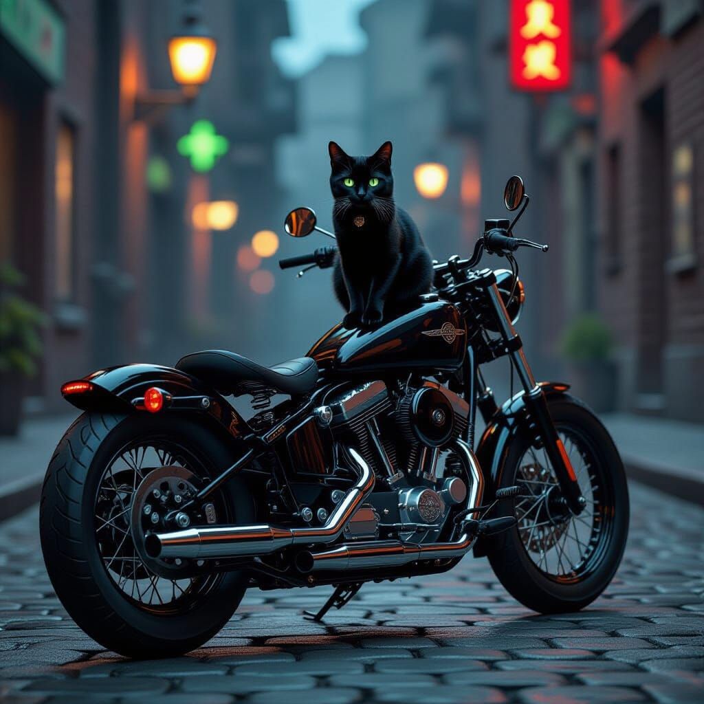 Black Cat on Vintage Motorcycle in Neon Alley