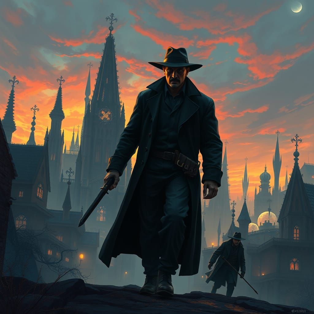 Detective Chasing Thief in Dreamlike Cityscape