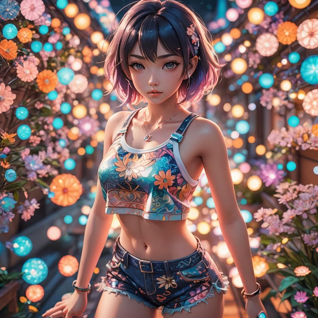 Cute girl with croptop and cute shorts By artist "anime", 3d anime art, inspired by WLOP, Artstation, #genshinimpact pixiv, extremely detail...