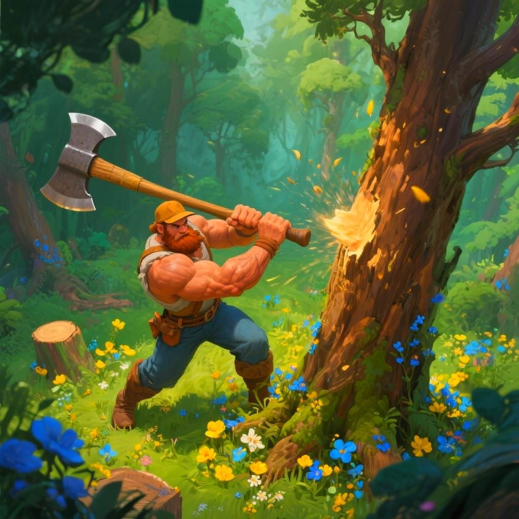 Muscular Lumberjack With Giant Axe in Magical Forest