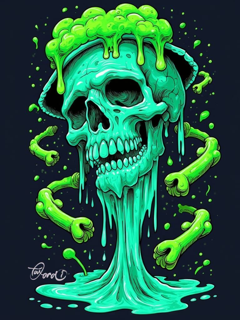 <lora:Bold lines:1.0> Skull with floss hat, bone turning into liquid and dripping down, in vibrant green cyan colors, its should be in new s...