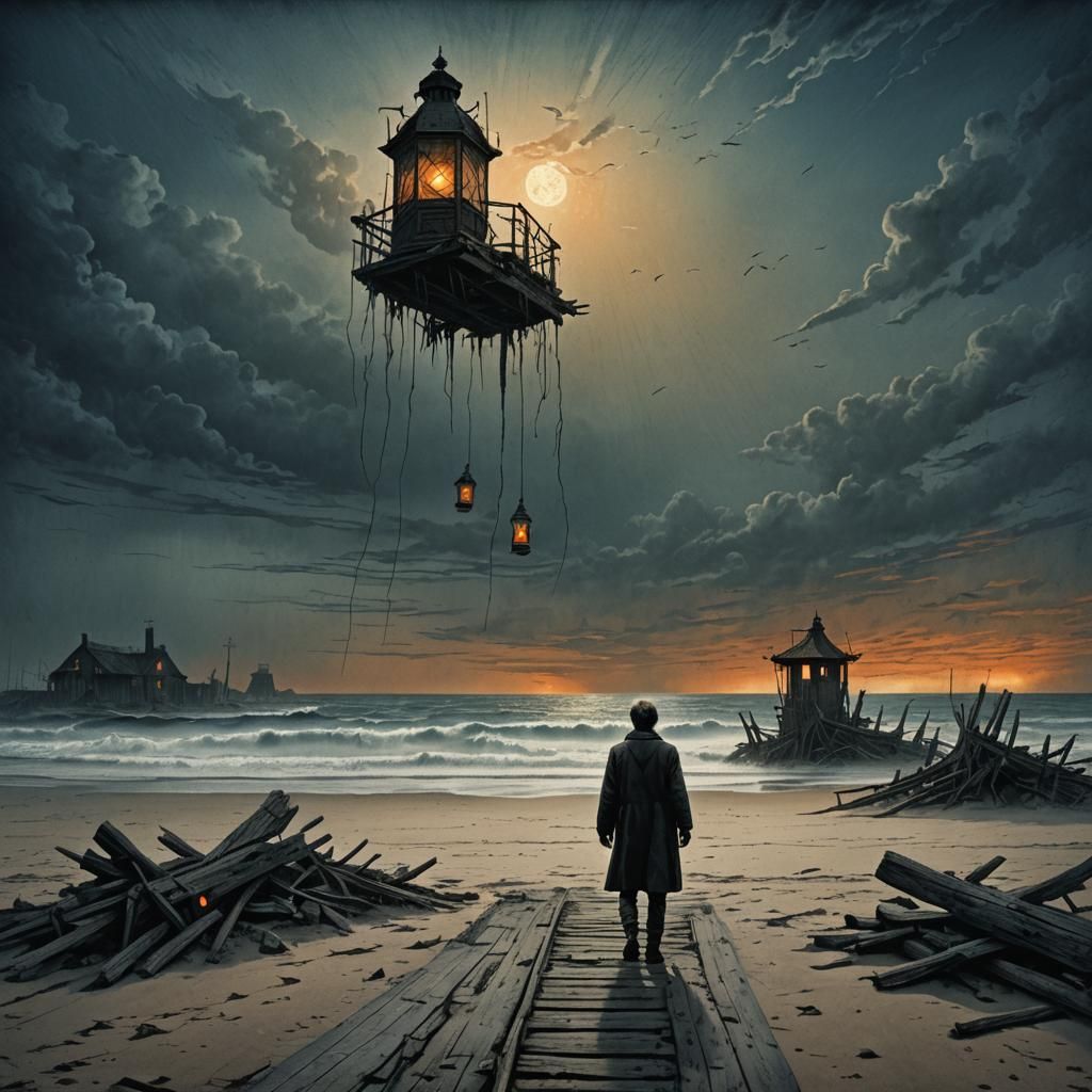 Desperate Man Screams on Desolate Beach: Fantasy Art