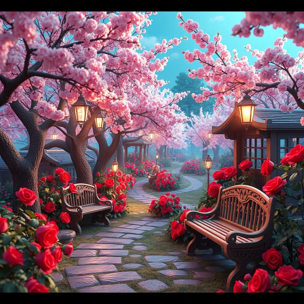 Cherry blossom and roses garden  by @undefined