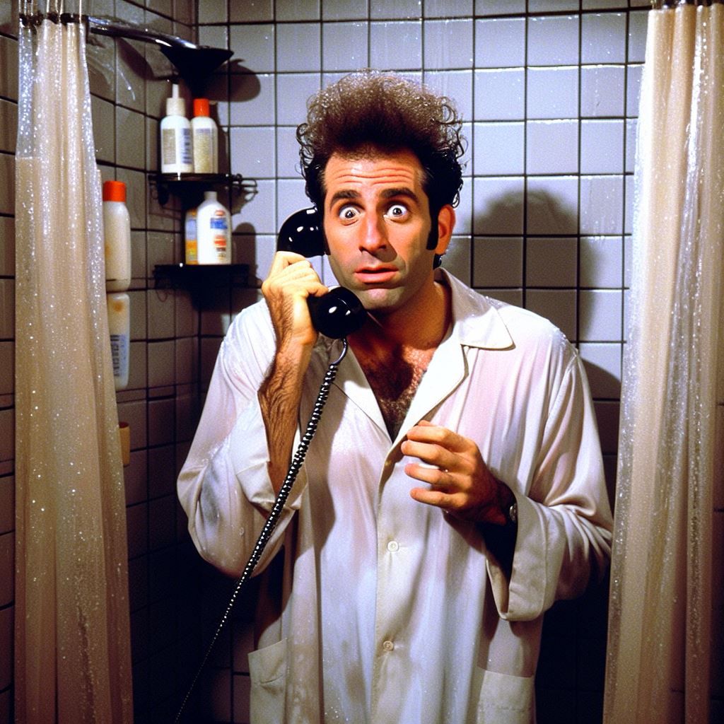Kramer holding a phone in the shower