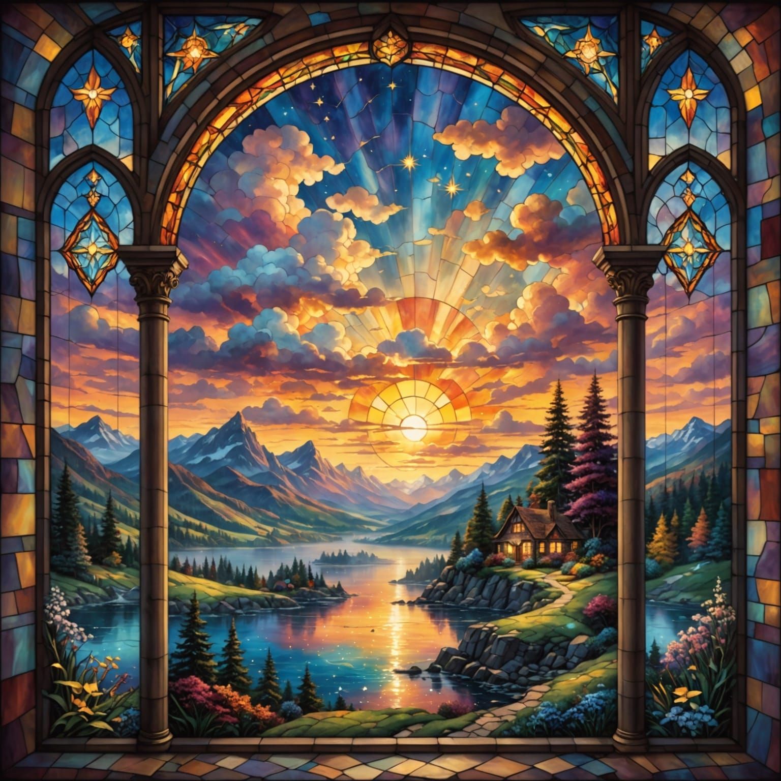 Stained Glass Window with a Sunset with Clouds that form Sta...