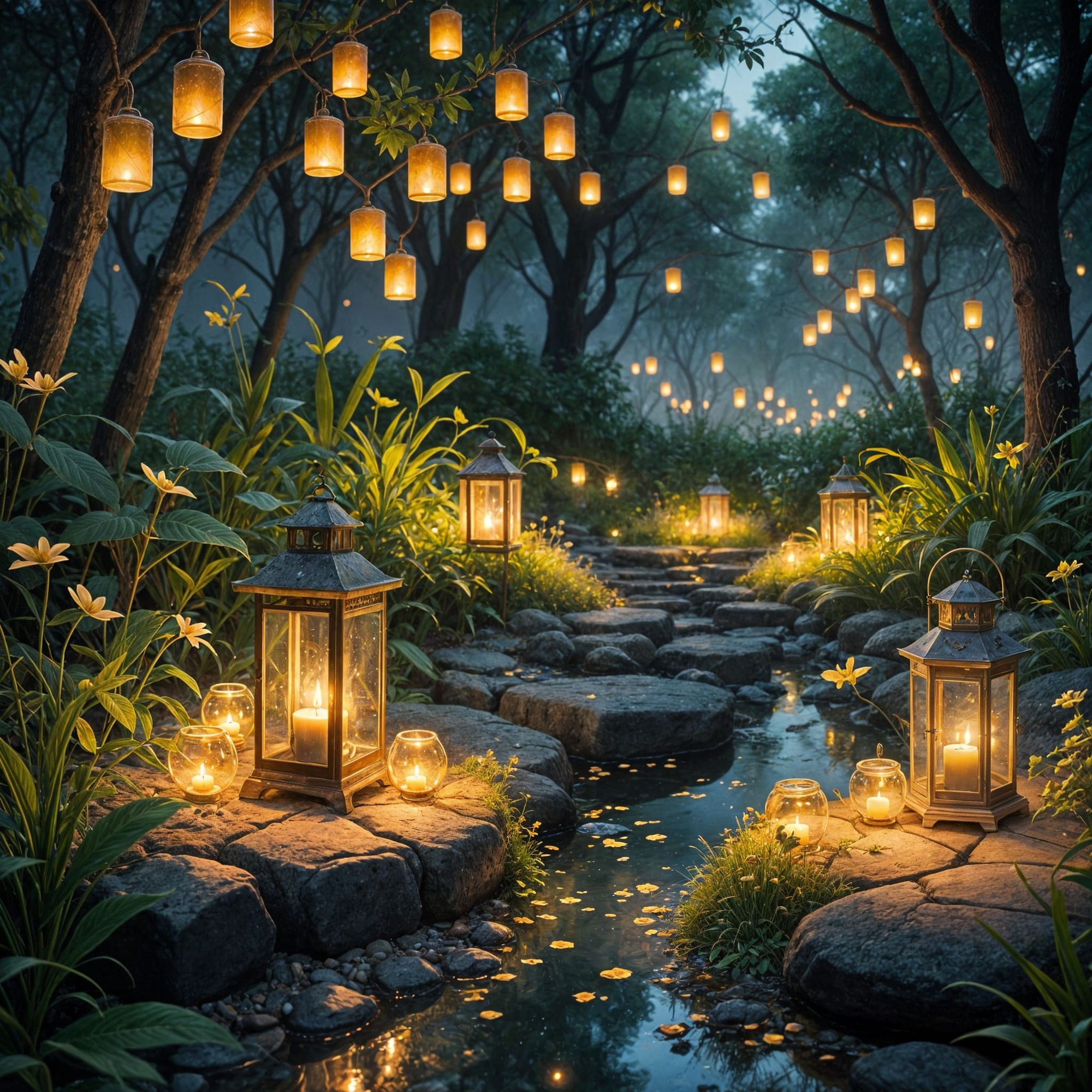 Ultra-romantic, dreamlike cinematic artwork. A glowing twilight garden filled with soft warm lanterns, gentle golden light reflecting on a c...