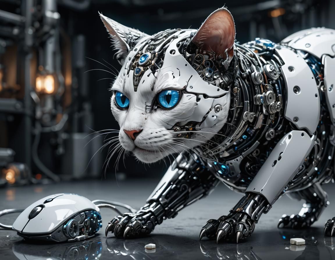  cyborg cat hunts cyborg mouse  by @photon