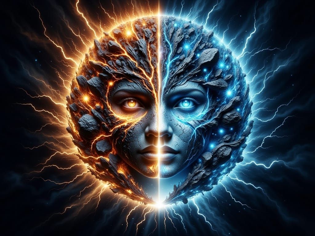 Double Exposure of a Waning Crescent Moon in Fiery and Icy R...