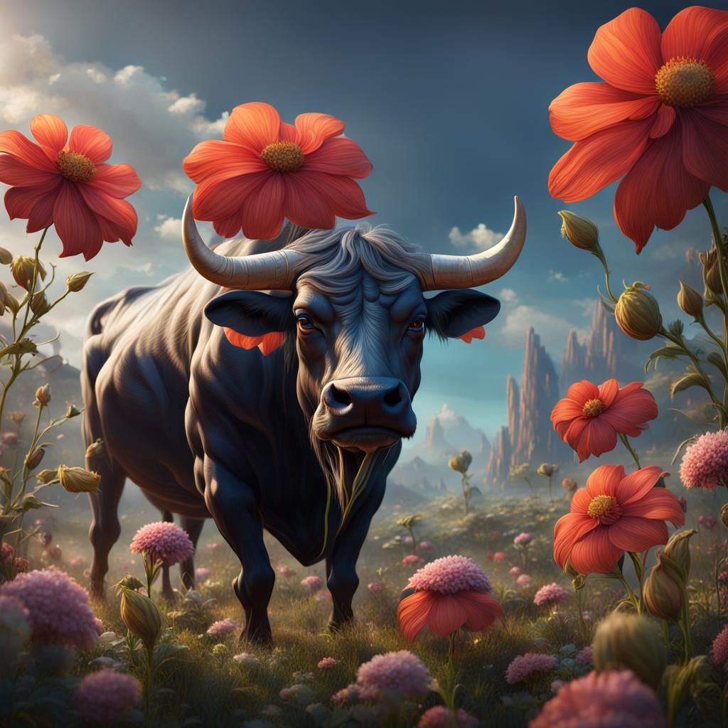 Ferdinand the bull and flowers - AI Generated Artwork - NightCafe Creator