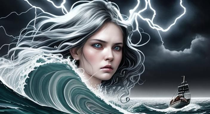 a beautiful ethereal angry goddess face in the clouds in the...