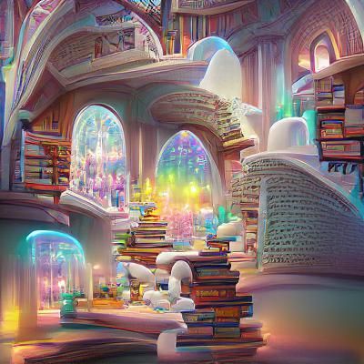 Magical library with glowing crystals 