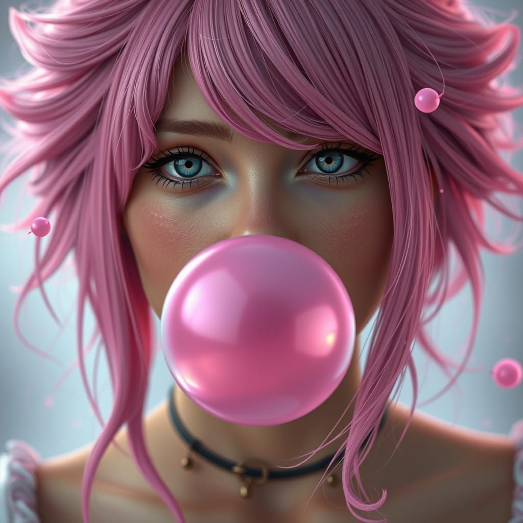 Pink haired woman, bubble gum bubble, nonchalant expression   by @Autistic Observer