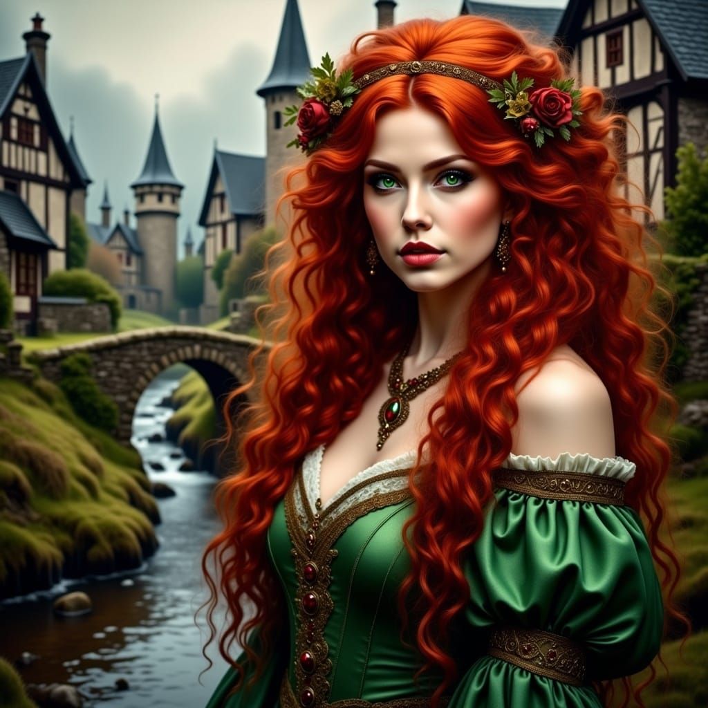 A stunning Celtic maiden with emerald green eyes and wild, curly red tresses, posed in a warm, golden light against the soft focus of a mist...