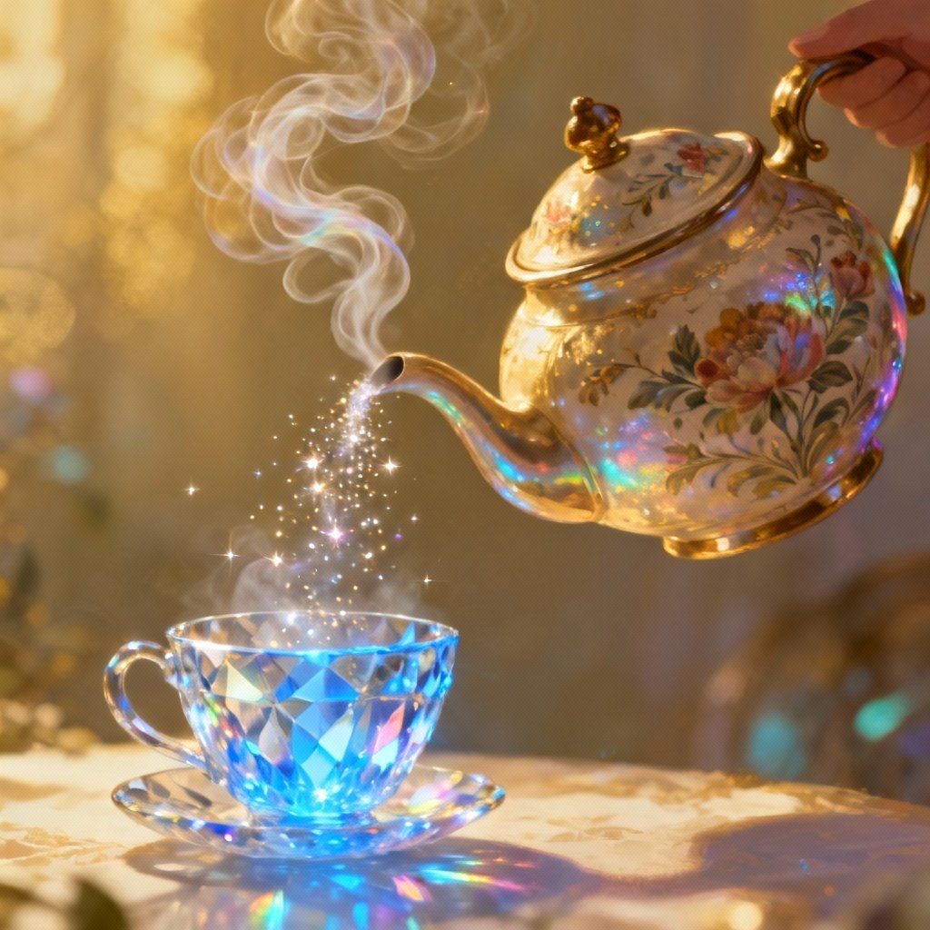 An enchanted teapot, pouring sparkling magic vibes {Seedream...