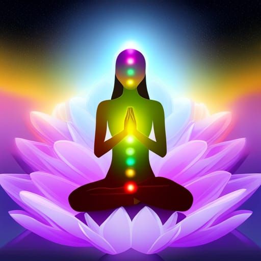 A woman sitting on a lotus flower in chakra colors is prayin...