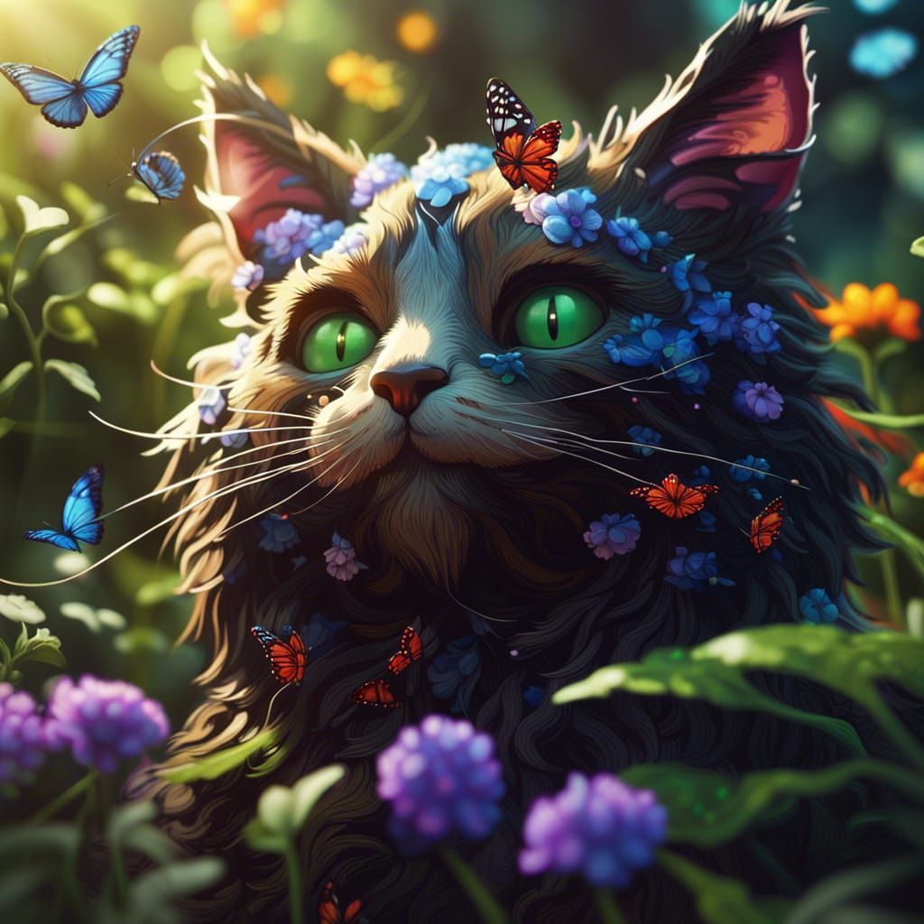 cat enjoying catnip in the summer sunshine with butterflys