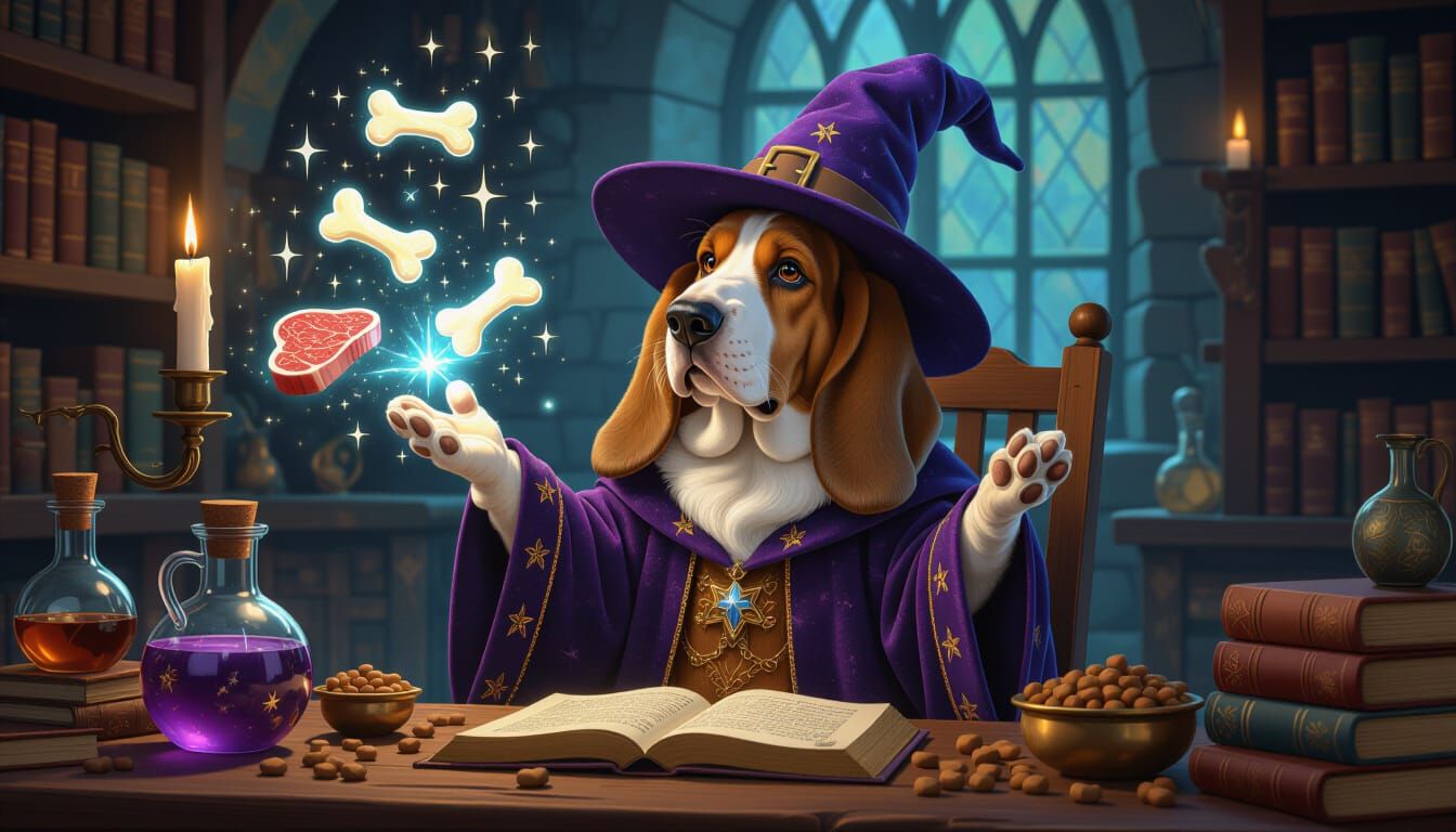 A wizard basset hound casting spells for bring food