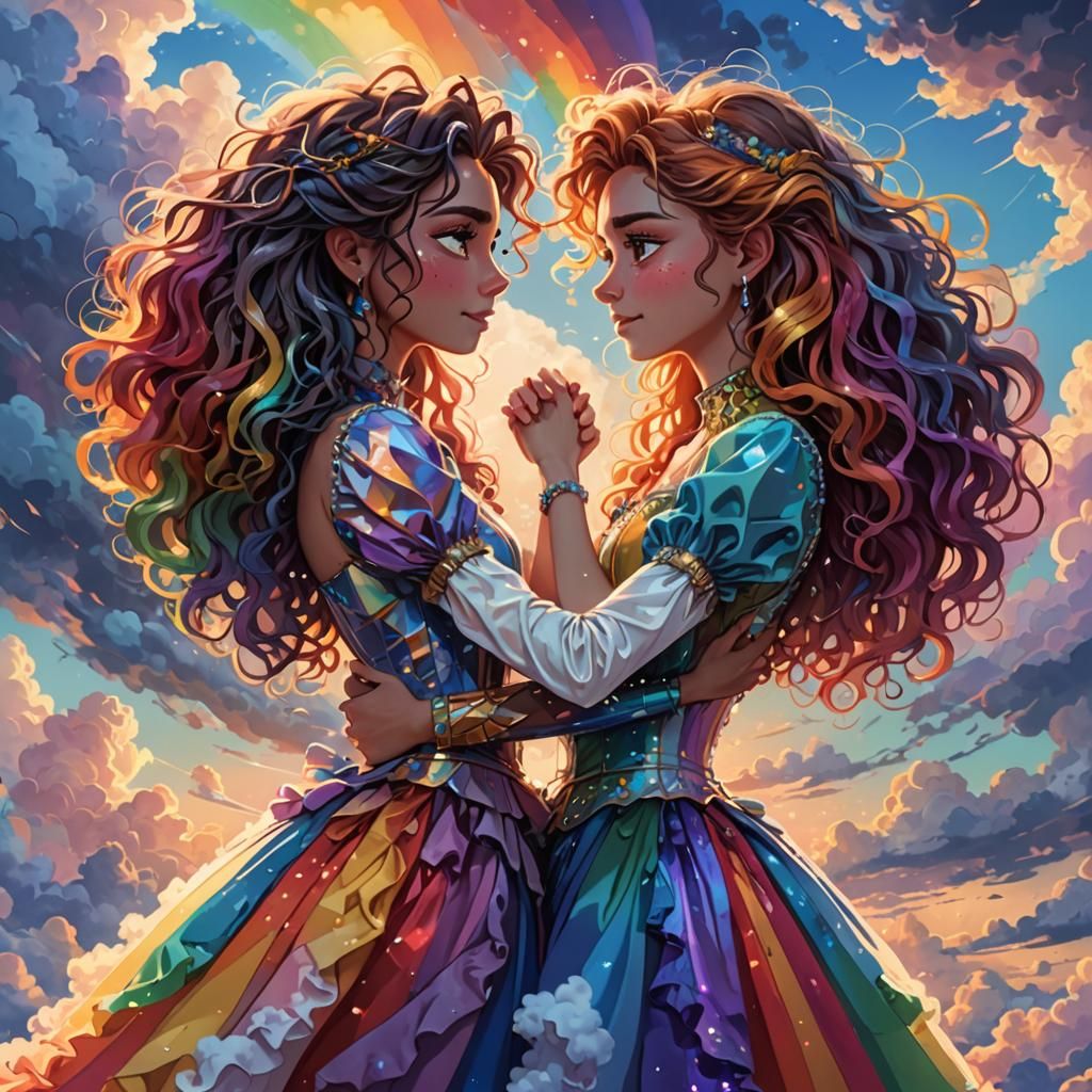 Two women standing next to each other, holding each other, e...