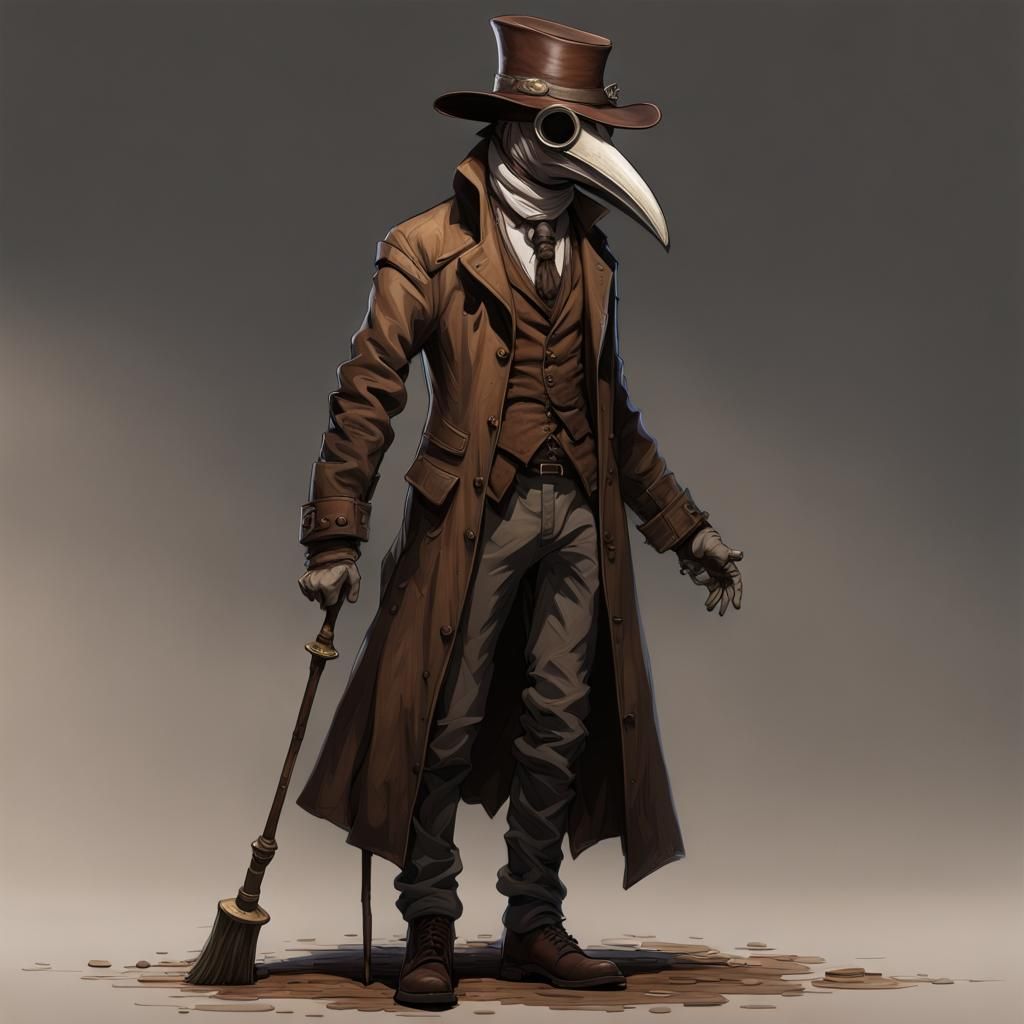 Tall person with a wide-brimmed brown hat, a brown leather plague ...