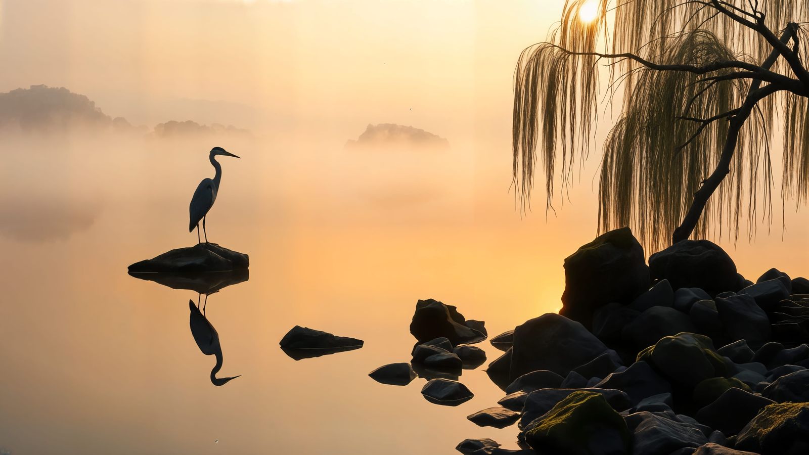 Misty Sunrise Lake with Heron and Willow Tree