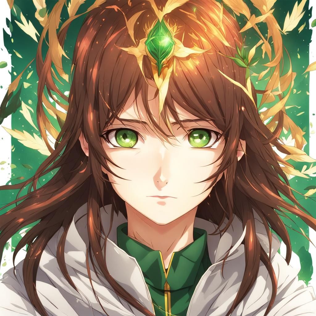 a Phoenix and human mix. the girl has brown hair and green e...