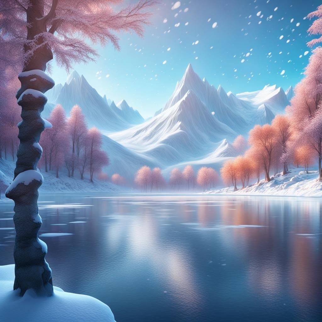 Beautiful frozen mountains and Lake winterscape scene,  snow covered trees, mountains,  snowflakes, serene,  8k resoluti...