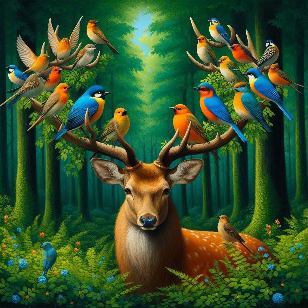 deer and birds