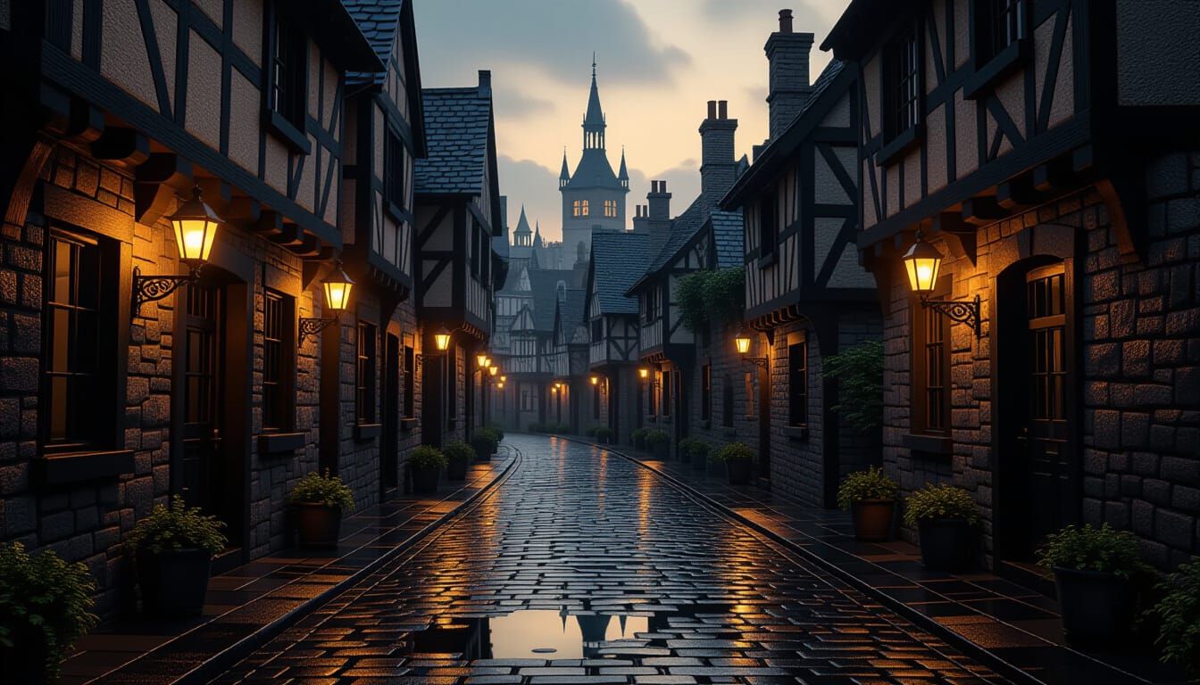 Dimly lit cobblestone alleyways are resonant passages leading to a row of shadowed taverns in a geometric ...  by @morr5750