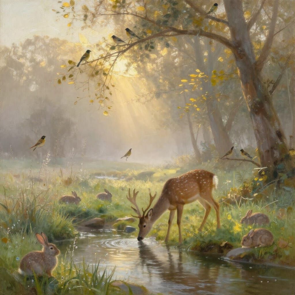 A serene early-morning scene in nature where animals begin their day in quiet harmony. Soft sunlight ...  by @doljeonggie04