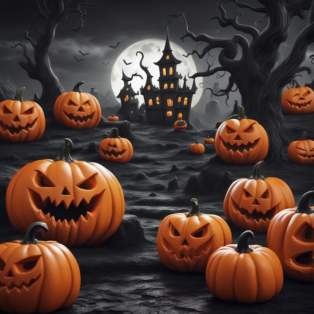 Monochrome orange halloween landscape with pumpkins of different sizes and different scary faces carved. ...  by @ophelia22