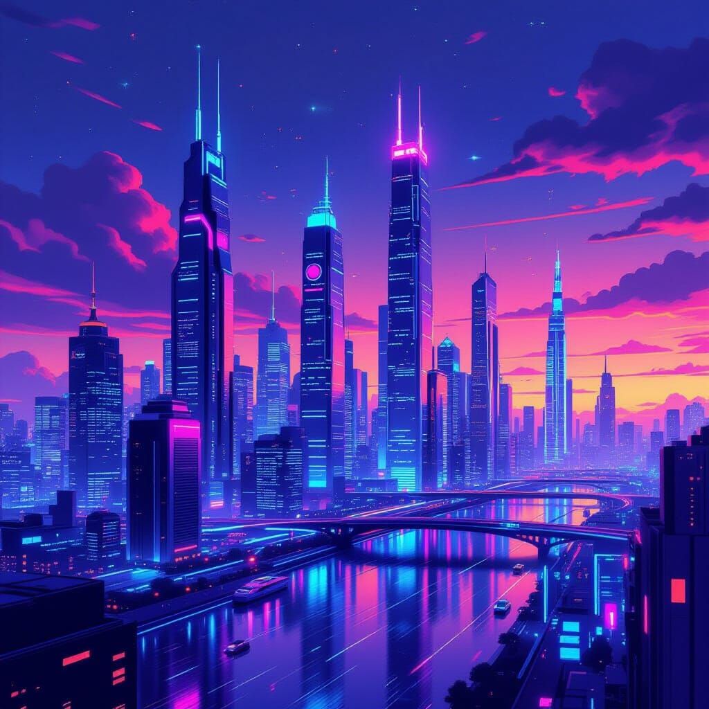 Futuristic Cityscape at Dusk in Synthwave Style