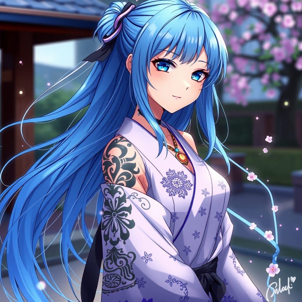 Anime Girl with Blue Hair in Kimono