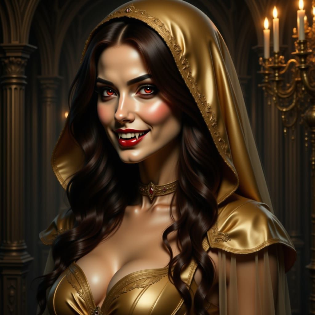 A brown haired ethnic woman with hazel eyes is a vampire with fangs. She wears a gold dress and hood. Vampire in the style of fangs.  <lora:...
