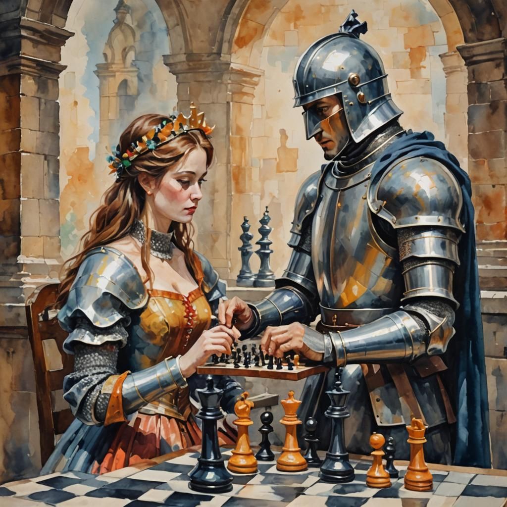 A knight and a lady playing chess.