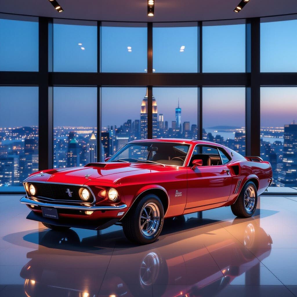 Classic Red Mustang in Luxury Penthouse Living Room