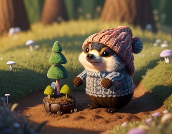 Pixar Style Badger in Knitted Hat Digs Happily