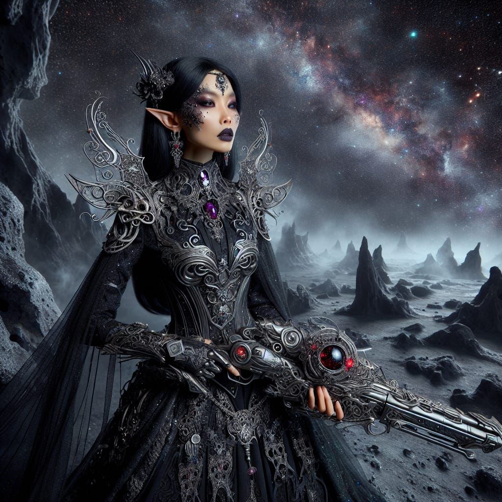 Ethereal Gothic Space Elf on Asteroid