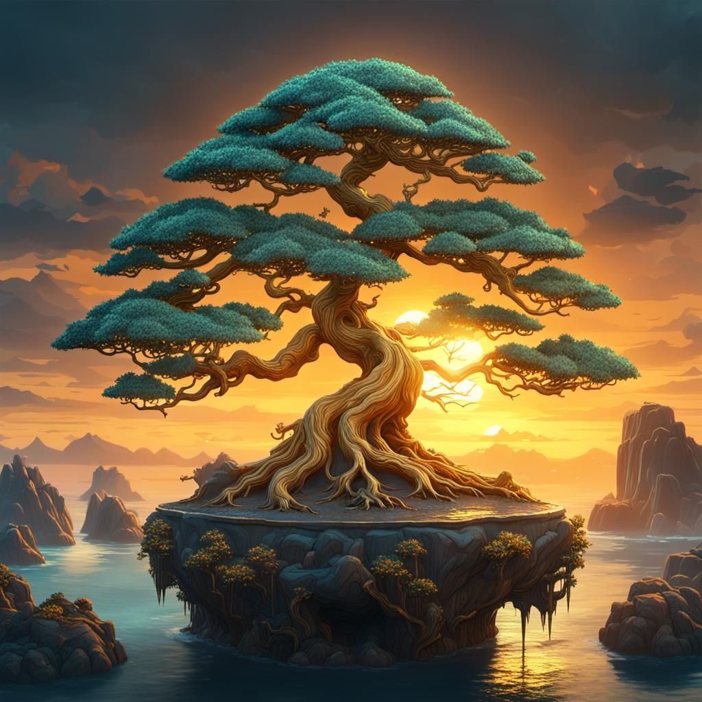 an epic golden bonsai tree on an island in a sea, behid is a sunset