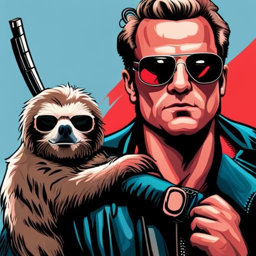 The terminator as a sloth. With sunglasses and a Harley Davidson behind it. In the style of the film. ...  by @Mike