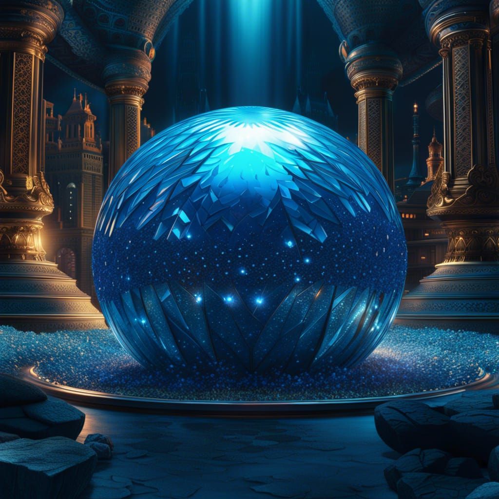 A sparkling crystal sphere : vibrant blue colours : Hyperrea...