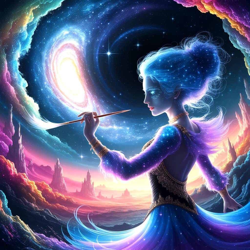 A celestial artist with a brush made of starlight paints a masterpiece across the night sky, creating swirling galaxies and vibrant nebulae....