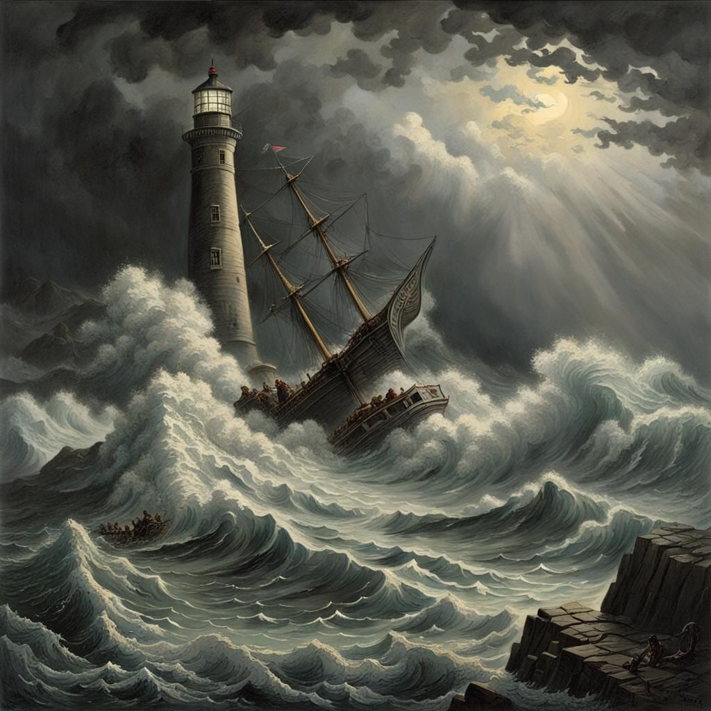 a gigantic storm wave under a lead gray sky crashing onto the rocks beneath a lighthouse, with a sailing ...  by @Mauro Vandal