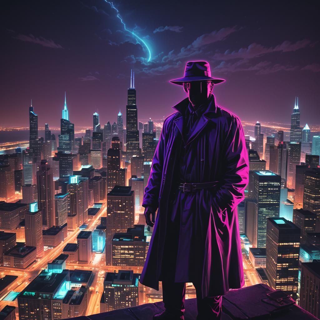 Wizard Harry Dresden overlooking city of Chicago at night
