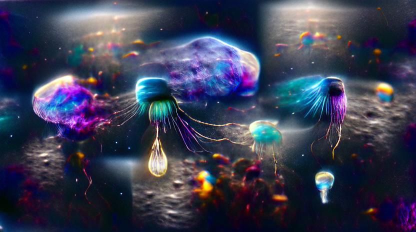 An enormous iridescent jellyfish floats through space and ti...
