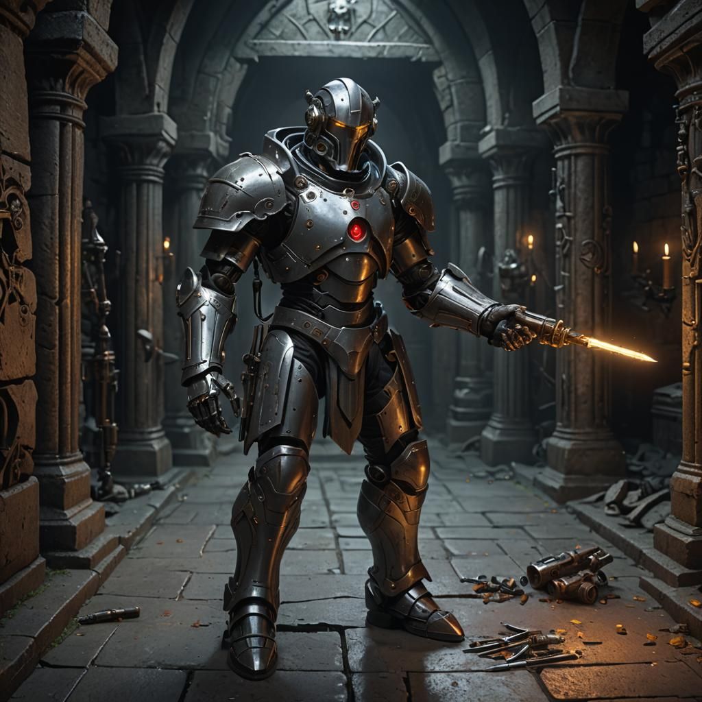 warforged artificier holding a screwdriver in a dark crypt d...