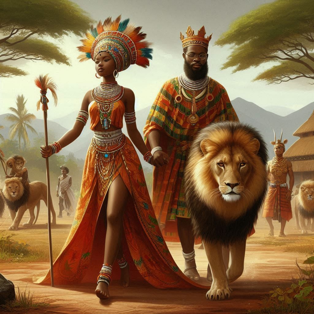 AFRICAN KING AND QUEEN WITH A LION
