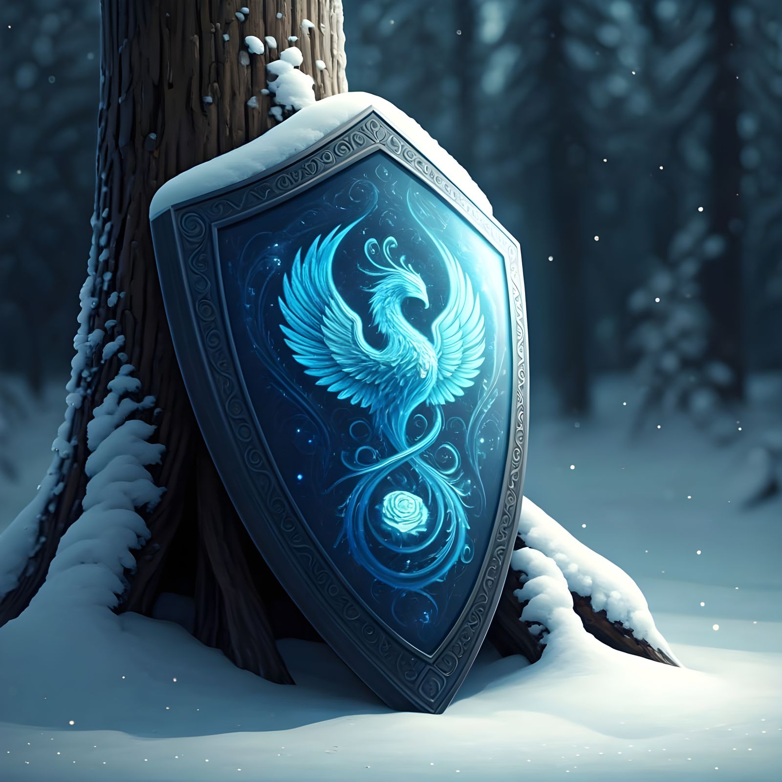 Radiant Bioluminescent Glass Tower Shield with Glowing Phoen...