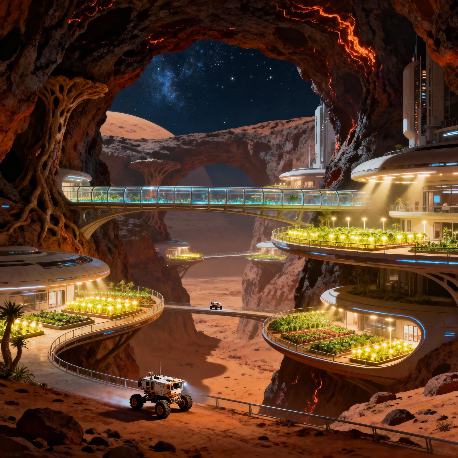 A sprawling Martian city built within a colossal, ancient lava tube, illuminated by a network of glowing ...  by @Wesly 