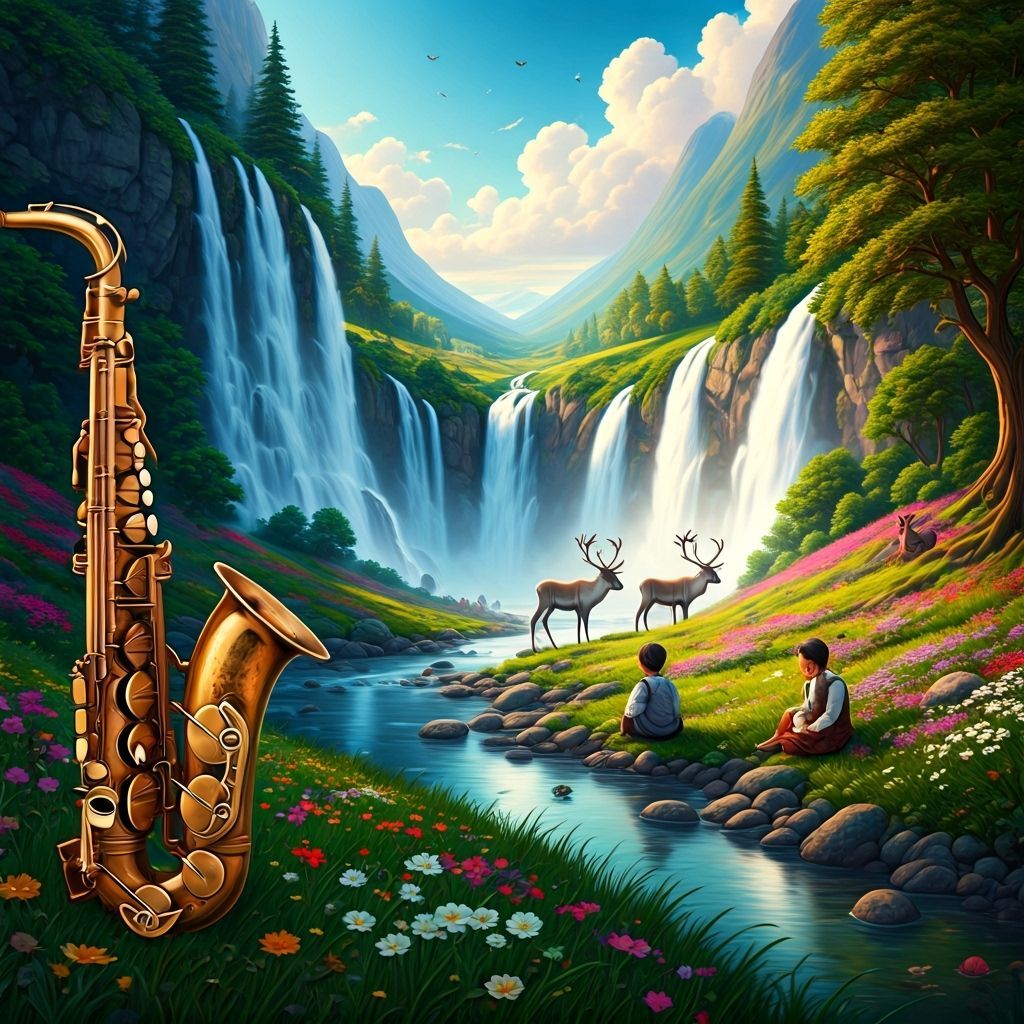 Vintage Saxophone Amidst Enchanting Landscape